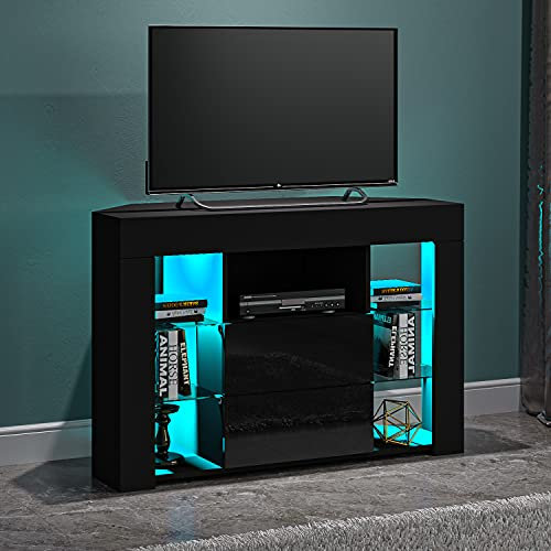 Panana Corner TV Stand for up to 45 TVs, High Gloss Front and Matt Body Entertainment Center Media Cabinet with LED Lights for Living Room Bedroom (Black)