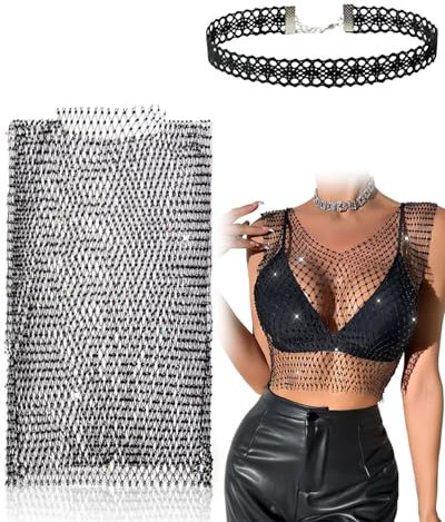TPZORJX sexy Canottiere da donna glitterate,collana,top corti neri sexy in rete con diamanti scavati, top corti con strass trasparenti per abiti festival rave,camicetta copertura cristalli diamanti