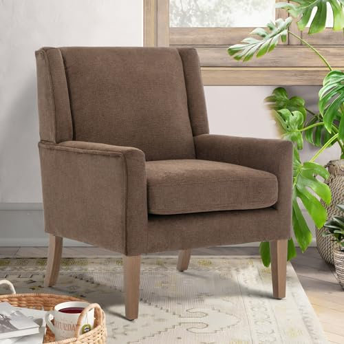 COLAMY Moderner Flügelrücken-Sessel für das Wohnzimmer, Polsterstoff Akzent-Sessel, Einzelsessel mit Loungesitz und Holzbeinen für Büro/Schlafzimmer/Leseecken, Braun