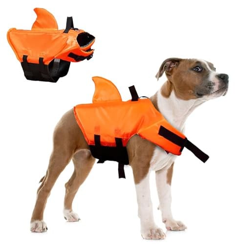 Schwimmweste Hai Hunde, Darryy Schöner Hunde Schwimmanzug, Blickfang Schwimmweste Hund Haifisch(Orange, S)