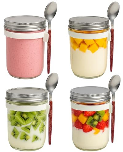 OBDKCAN 4 PCS Overnight Oats Jar with Lids Spoons, 350ml Overnight Oats Container Mason Jars Breakfast Pots for Yogurt Pot Cereals Milk Fruit Condiment Dressing Sauce Snacks Juice