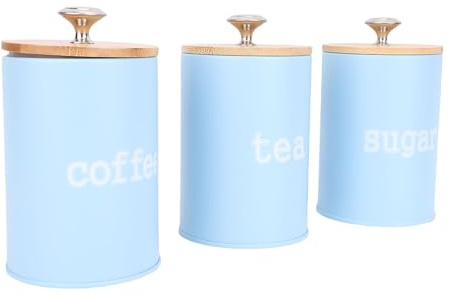 Oreilet 3pcs Kitchen Canisters Set, Iron Food Storage Containers with Airtight Lids, Sugar Coffee Tea Canister Jars Sets for Kitchen Dining Counter (Blue)