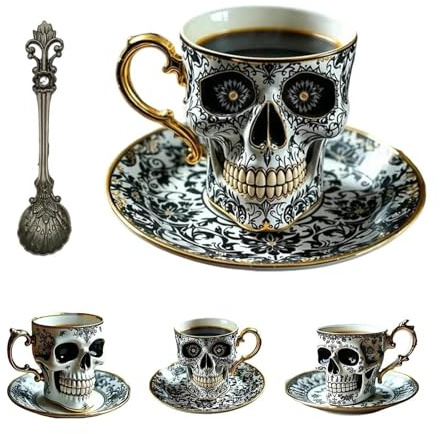 Skull Coffee Mug with Saucer Set, Gothic Tea Cup with Gold Trim, Halloween Coffee Mug for Lovers and Collectors(Black)