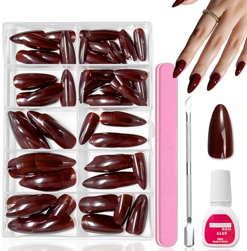 120 Stück Rotbraun Künstliche Fingernägel - Einfarbig Weihnachts Nägel Zum Aufkleben Set - Mittel Press on Nails Almond Für Nail Art - Elegant Acryl Kunstnägel Zum Aufkleben Für Frauen (Red Brown)