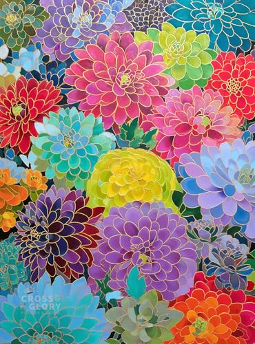 Cross & Glory – Gilded Dahlia Symphony – 1000 Piece Jigsaw Puzzle for Adults | Vibrant Floral Mosaic Art Puzzle | Gold Foil Dahlia Artwork | Premium Ribbon-Cut Puzzle with Satin Finish