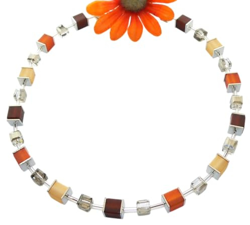 Generisch Collier Halskette Würfelkette Cube Kristallglas facettiert Polariswürfel braun beige camel rost 099f