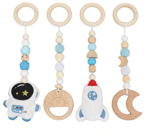 Spielbogen Baby Spielzeug ab 0 Monate 4 Stück Baby Gym Anhänger Holz Spielebogen Babies Toys Spielbögen Baby-Hängespielzeug für Jungen und Mädchen für Babyschale Autositz Spielzeug Kinderwagen-Blau
