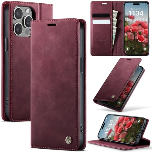 Cracedily Wallet Case for iPhone 15 Pro Leather Wallet Flip Cover with Card Holder, Kickstand, Magnetic Closure, RFID Blocking TPU Shockproof Phone Case Compatible with iPhone 15 Pro, Red