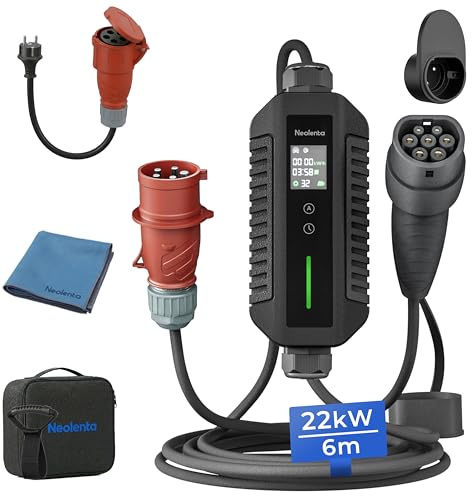 Neolenta Wallbox Trifásico 22 kW Portátil Tipo 2 6 m, Cargador para Coche Eléctrico con CEE 32A, Corriente Ajustable 6A–32A, RCD Integrado, para Casa y Viajes