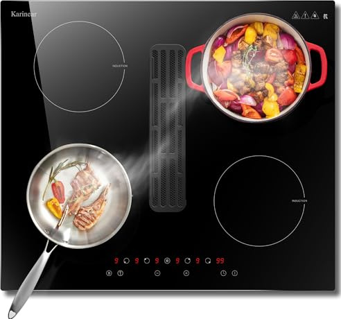 Karinear Built-in Induction Hob 4 Zones 60cm | with Range Hood 6400W, 9 Speeds, 60cm Induction Hob with Timer, Safe Lock, Boost, Fume Extraction Function（Touch Control)）