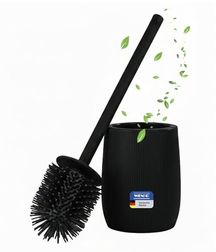 WENKO WC-Garnitur Mod. Fablo aus Keramik mit Rillenoptik, freistehender Toilettenbürstenhalter, Silikon-Bürstenkopf und Flexible Kunststoffabdeckung, Standgarnitur für Bad und Gäste-WC, schwarz matt