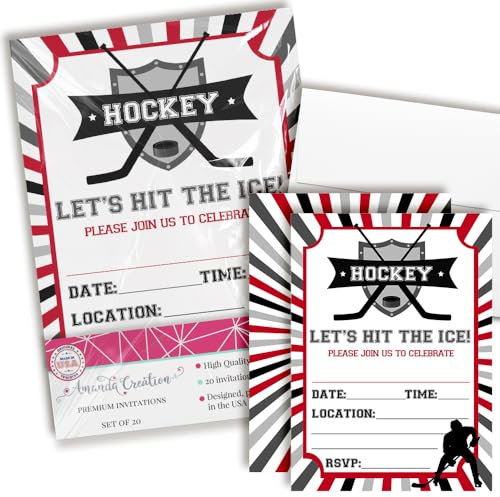 AmandaCreation Geburtstagseinladungen für Jungs, Hockey-Motiv, zum Einfüllen von Karten mit 20 weißen Umschlägen, 12,7 x 17,8 cm, 20 Stück