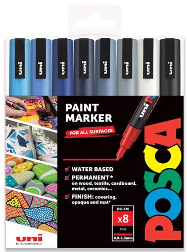 POSCA PC-3M Paint Marker Art Pens - 0.9-1.3mm – Cool Tones Tones Set of 8 Pens in Gift Box