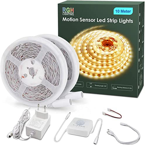 RGH LED Strip mit Bewegungsmelder, 10M Warmweiß Led Steifen Selbstklebend mit 3 Timing aus Für Schlafzimmer,Küche,Schrank, Treppe, 3000K