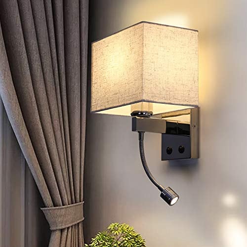 ZMH Wandleuchte Innen Wandlampe Schlafzimmer -Wandstrahler LED 360°Schwenkbar Leselampe Quadratisches Stoffschirm Design Wandbeleuchtung mit Schalter Modern E27 Beleuchtung für Flur Bett Wohnzimmer