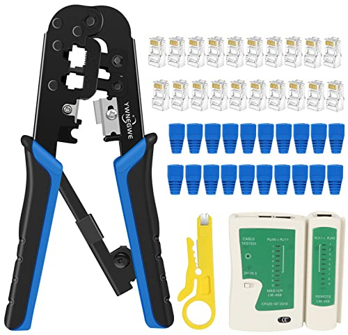RJ45 Crimp Tool Kit Non-Pass Thru, All-in-One Ethernet Crimper JN102 | RJ11, 6P/RJ12, 8P/RJ45 Crimp,Cut and Strip Tool with 20 x CAT5 Connectors, 20 x Covers,1 Cable Tester and 1 Wire Stripper