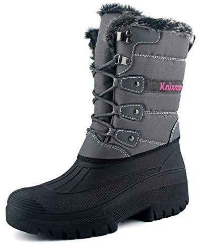 Knixmax Stivali da Neve Stivali Invernali Foderati in Pelliccia Suole Impermeabili Scarpe Calde Stringati Donna Grigio 38EU