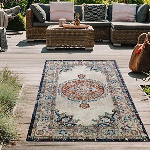 Teppich-Traum orientalischer Vintage LÄUFER für In- & Outdoor buntes Blumenmotiv rot-orange Größe 80x150 cm