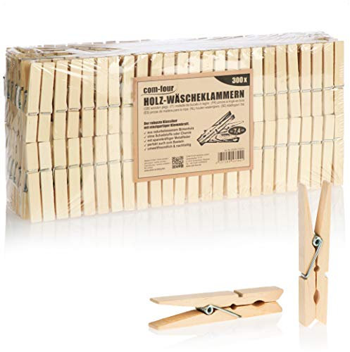 COM-FOUR® 300x Pinces à Linge en Bois – Robustes et polyvalentes – Pinces en Bois de Bouleau pour Suspendre Le Linge et bricoler (300 Stück - Birkenholz)