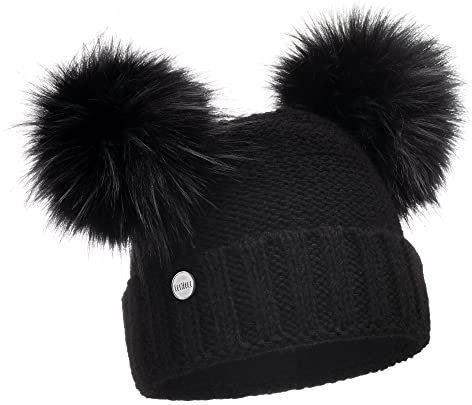 ELIMELI Winter Damen Mütze mit Zwei Bommeln - warme Wintermütze mit kunstfell Bommel - Slouch Beanie Damen - Bommelmütze für Damen - Fleece gefütterte Damenmütze (Schwarz)