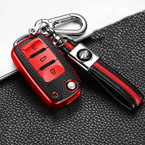 WSWJDW TPU Leder Tasten Autoschlüssel Hülle Schlüsselbund Ring Schlüsseltasche, passend für VW Volkswagen Golf 6 Polo Passat Seat Ibiza Leon Skoda Octavia Fabia,Rot mit Schlüsselanhänger