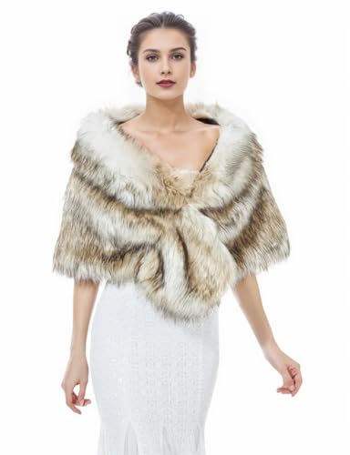 BEAUTELICATE Kunstpelz Schal Stola Damen für Frauen Bolero Festlich Hochzeit Braut Abendkleid Brautschal Brautstola (Farbverlauf Braunes Fell, L)