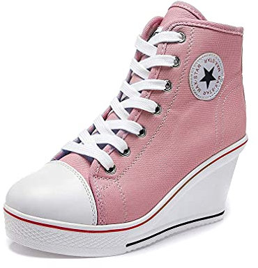 Mujer Cuñas Zapatos De Lona - High-Top Zapatos Casuales Talla Grande Zapatillas de Cuña para Mujer Zapatillas de Deporte Zapatillas Altas Primavera/Verano Tacón Cuña 35-43 EU
