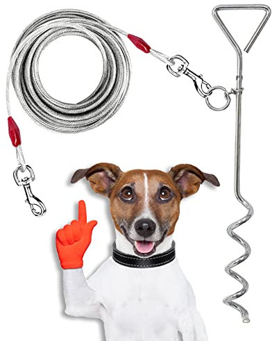 10ft (3m) Dog Tie Out Cable with 16 (40cm) Heavy Duty Steel Spiral Ground Spike Stake Dog Chains for Outside Tether, Camping Lead Hook Leash (3 metre)
