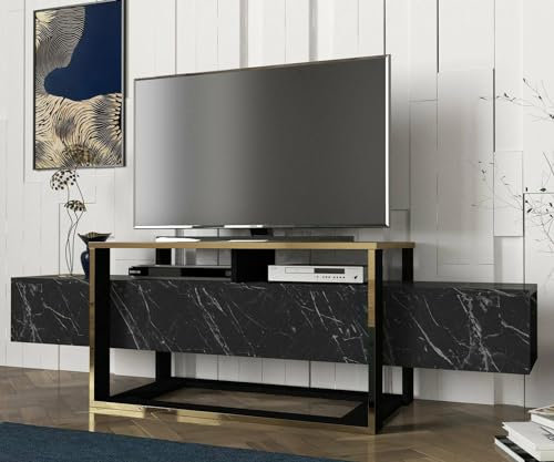 Dmora - Meuble TV Callisto, Buffet de Salon, Armoire Basse pour TV, Base Murale de Rangement, 160x46h50 cm, Noir et Or