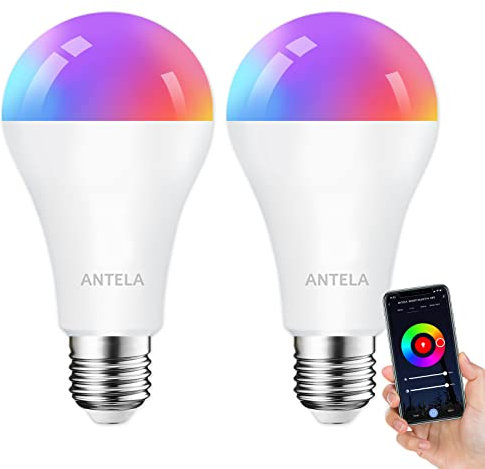 ANTELA Bombilla Inteligente WiFi Led A65 E27 12W 1320Lúmenes Compatible Alexa Echo y Google Home,2,4GHz WLAN Bombilla RGB Blanco Cálido/Frío 2700-6500K, 20000 Horas, 2Pcs