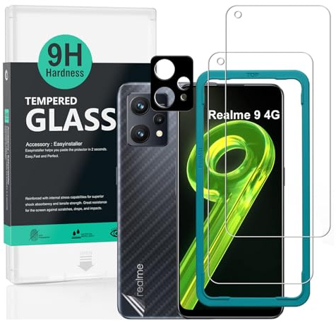 Ibywind Cristal Templado para Realme 9 4G 6,4[2 Piezas],con Metálico Protector de Lente de Cámara,Atrás Pegatina Protectora Fibra de Carbono, Kit de instalación fácil