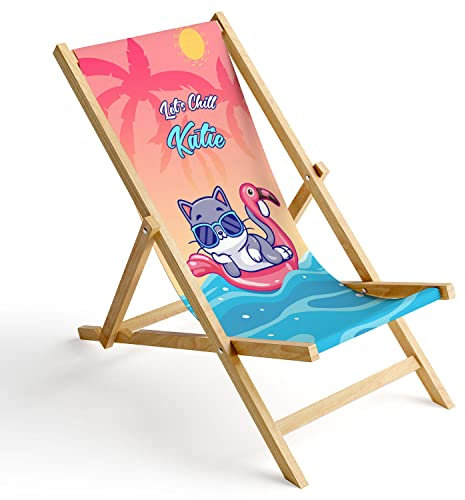 Ferocity Kinder Holz-Liegestuhl Personalisierbar Klappbar Klappliegestuhl Sonnenliege Strandstuhl Wechselbezug Motiv Katze Chill [119]