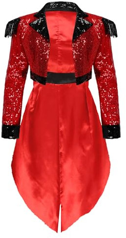 iiniim Damen Zirkus Kostüm Pailletten Frack Jacke Blazer Mantel Zirkusdirektorin Kostüm Ringmaster Halloween Weihnachten Karneval Fasching Rot L