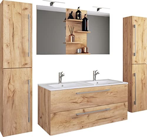 VCM 5-TLG. Doppel Waschplatz | 2X Waschtisch | Badmöbel Set mit Unterschrank, Waschbecken, 2X Hochschrank und Spiegel | Doppelwaschbecken | Komplettset Budasi SP