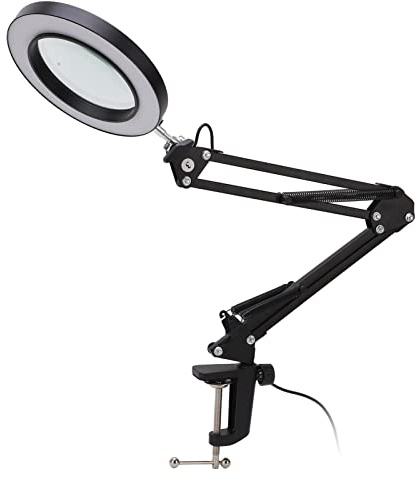 Schreibtischlupenlampe mit Klemme, 5-fache Lupe mit Einstellbarem Licht, 10 Helligkeitsstufen, 3 Farben