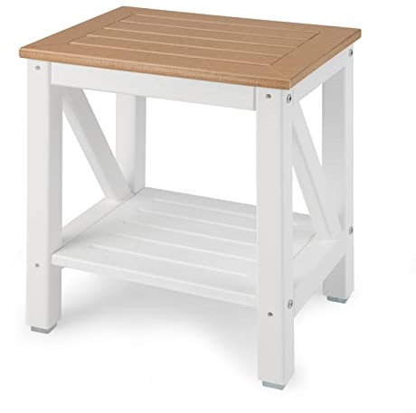 COSTWAY Shower Bench, HDPE Slatted Spa Bath Stool Shower Seat, Waterproof Non-Slip Bathroom Bathtub Shower Chair for Elderly, Disabled and Adults (2 Storage Shelves+2 Side Crossbars, 43x32x47cm)