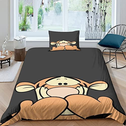 BLUEZY TiggerBettbezug-Set, Bettwäsche-Set Für Kinder,Teenager,Zimmerdekoration,3D Mikrofaser Cartoon Bettbezüge,Bettbez Mit Kissenbezüg 2 Teilig Mit Reißverschluss Single(135x200cm)