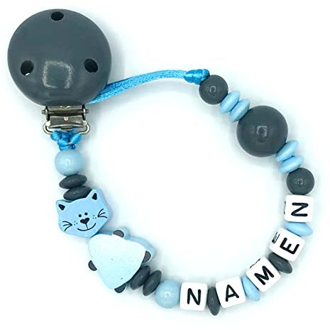 Nuckelkette mit Namen KATZE Grau Babyblau/Unisex/Personalisiert
