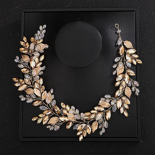 Deniferymakeup Rhinestone Bridal Hair Vine Crystal Wedding Headband Rhinestone Bride Headpiece Leaf Hair Accessories for Women and Girls (Champagne)