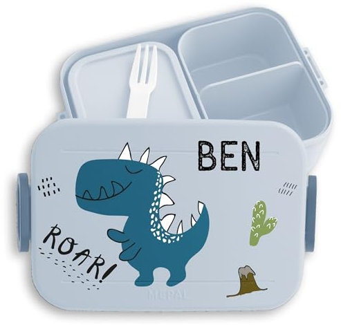 Bento Box Midi für Mepal Bentobox - Kinder Dino Brotbox Dinosaurier Lunchbox Dinosaurus Vesperdose Dinos I - 900 ml - Hellblau - kinderbrotdosen kindergarten personalisierte brotdose kind t-rex