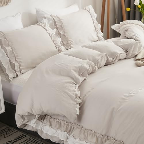 Herside Beige Grau Rüschen Bettbezug Boho Bettwäsche-Set 2-lagig Beige Weiß Rüschen Design Shabby Chic Einzelbett 1 Bettbezug 1 Kissenbezug