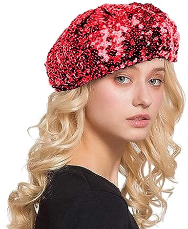 Soupliebe Glitzer Hut Damen Pailletten Baskenmütze 70er Mütze Party Mütze Silber Glitzernden Faschingsmütze Disco Hut Kappe Schlager Paillettenmütze Karneval Kostüm Zubehör Disco Accessoires