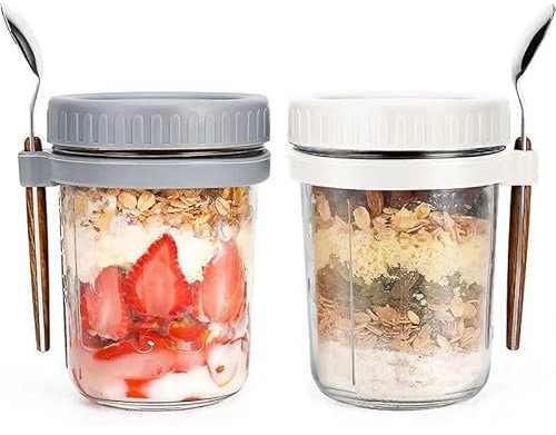 PIQIUQIU Overnight Oats - Juego de 2 tarros de avena, con tapa y cuchara, 400 ml, taza de cereales para llevar, yogur para llevar con leche y yogur y frutas
