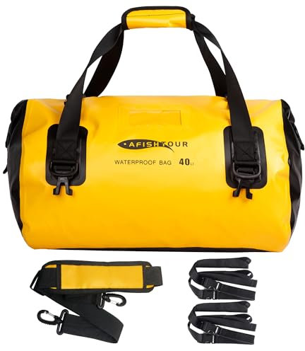 AFISHTOUR 40L wasserdichte Motorrad-Duffelbag – Motorrad-Gepäcktasche für den Rücksitz mit Befestigungsgurten – Rollverschluss-Drybag für Kajak, Rafting, Bootfahren, Camping, Reisen, Strand (Gelb)