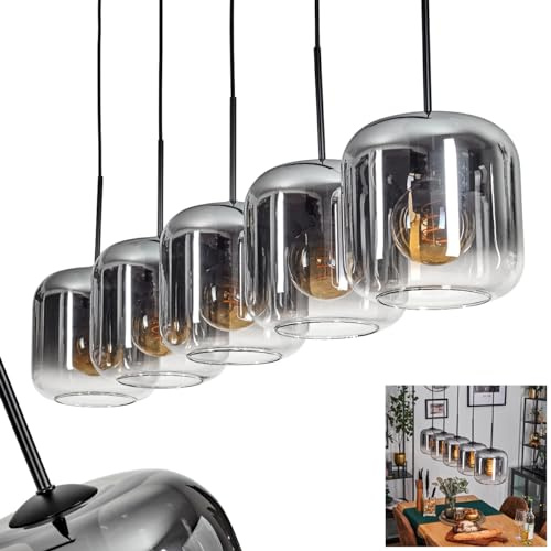 Pendelleuchte Lauden, Pendellampe aus Metall/Glas in Schwarz/Rauchfarben/Klar, Leuchte im modernen Retro/Vintage-Design mit Schirmen aus Glas (Ø 20 cm), Höhe max. 147,5 cm, 5 x E27, ohne Leuchtmittel