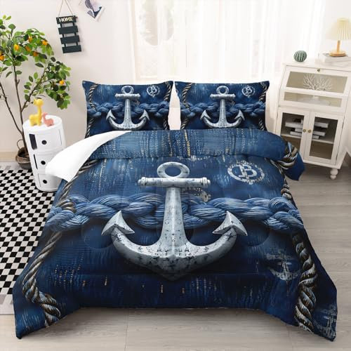 Ntlfup Bettwäsche-Set mit nautischem Anker-Motiv, volle Größe, Navigations-Thema, blaues Bettwäsche-Set, Raumdekor, Steppdecke mit 2 Kissenbezügen