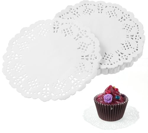 Teaaha 150 Stück Tortenspitze Klein, 4,5'' Tortenspitze klein Rund, Rund Lace Papierdeckchen Spitze Deckchen Für Lebensmittel Rundes Papier Tischsets für Kuchen Tabletts Crafts Party Hochzeit (Weiß)