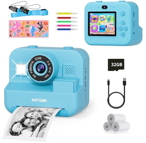 Macchina Fotografica Bambini Istantanea, 2,4 Pollici 1080P Fotocamera Bambini Selfie con Carta da Stampa e 32GB Scheda, Giocattolo Regalo di Natale Bambino e Bambina 3 4 5 6 7 8 Anni (Blu)
