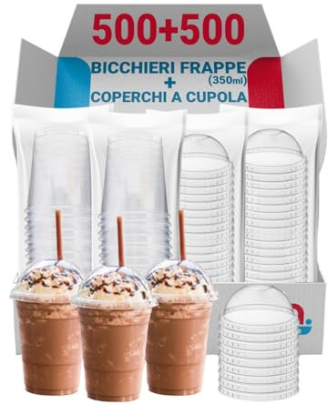 G.M. DISTRIBUZIONE 500 Bicchieri Frappè in PP da 350ml + 500 Coperchi A Cupola in PS, Bicchieri e Coperchi Usa e Getta Trasparenti, Bicchiere Monouso Alta Qualità per Bar e Gelaterie.