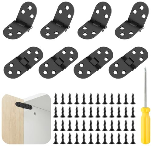 8 Pièces Charnières de Table Pliantes, 180° en Charniere Inox Noires avec Vis et Tournevis, Charnière Plate, Charnières de Portes pour Table Pliante, Armoire, Penderie, Caisse en Bois